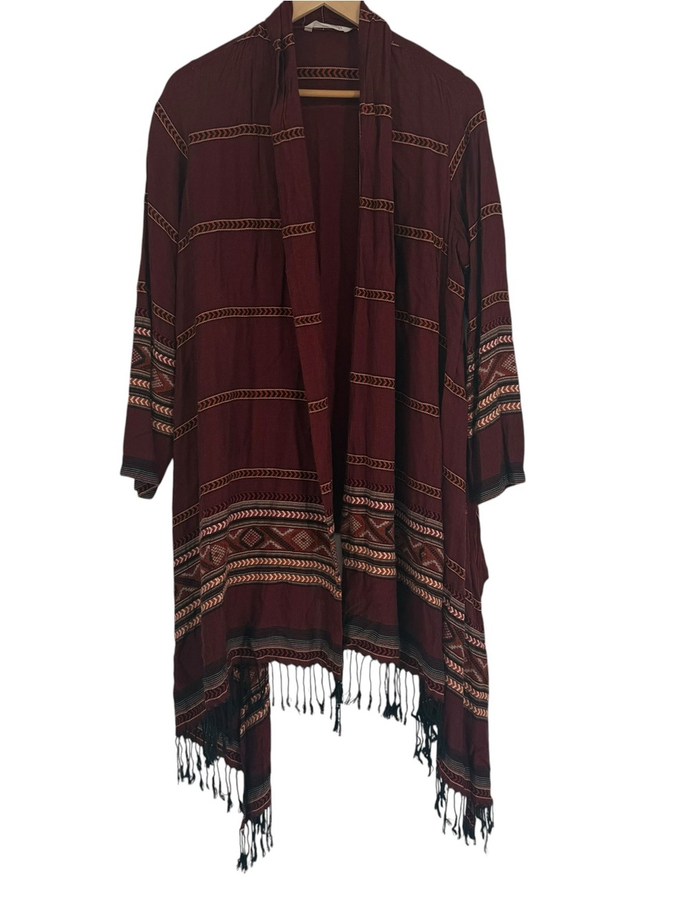 Soft Surroundings Kimono Cardigan Womens Size S Maroon Geometric Fringe Boho
